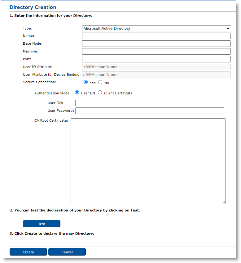 Directory Creation dialog box with additional fields for configuring secure connection displayed in step 1